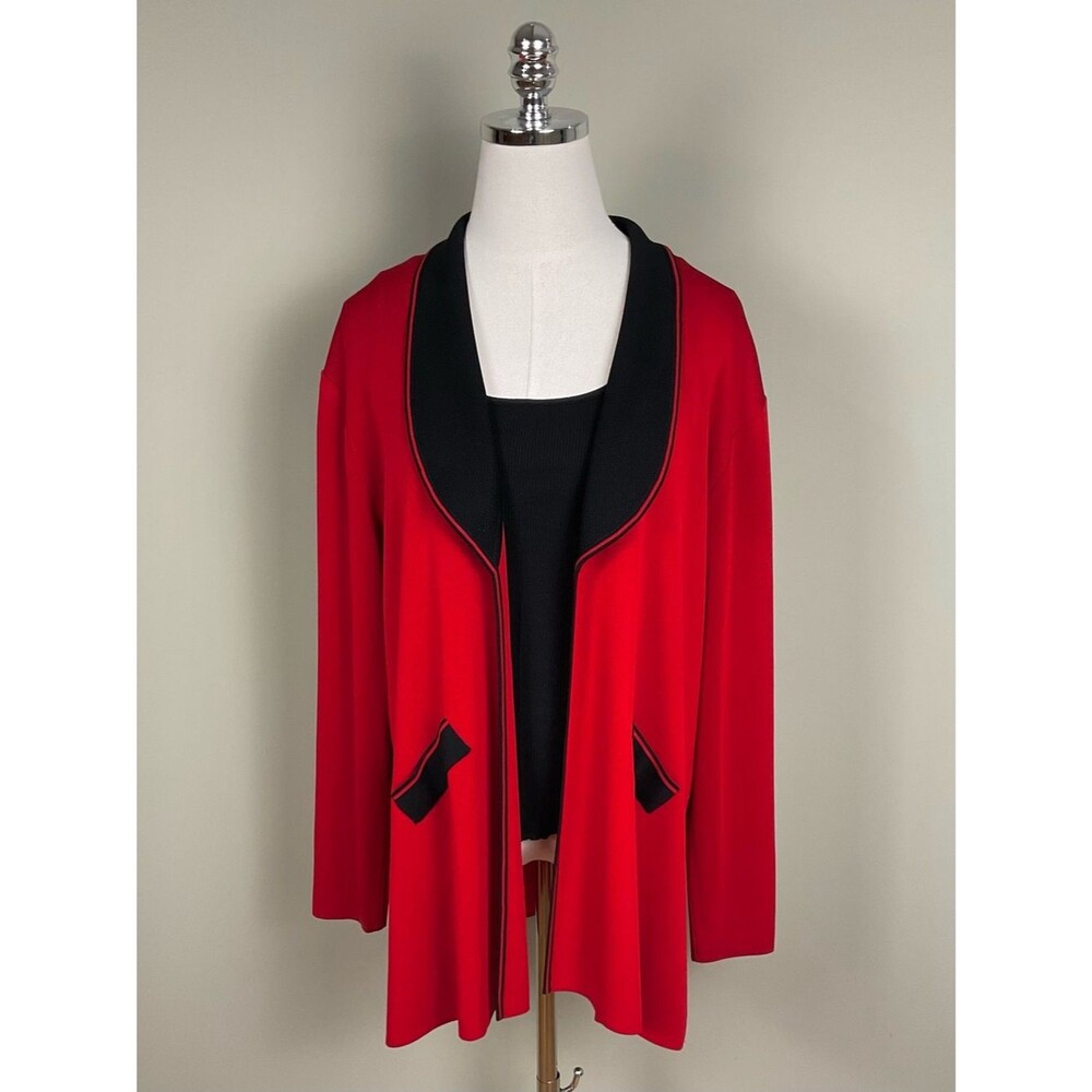 Exclusively Misook Red Black Knit Cardigan Open Front Jacket Sz XL Career